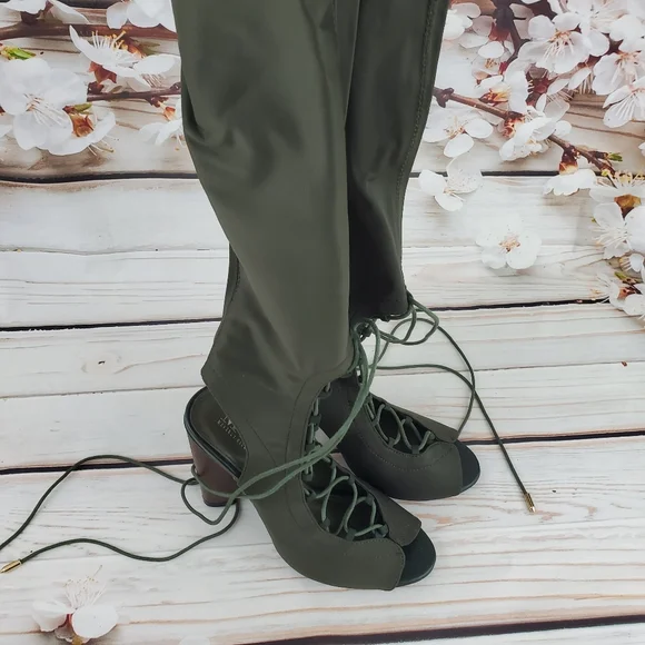 Olive green open toe lace up thigh high boots - Picture 3 of 5